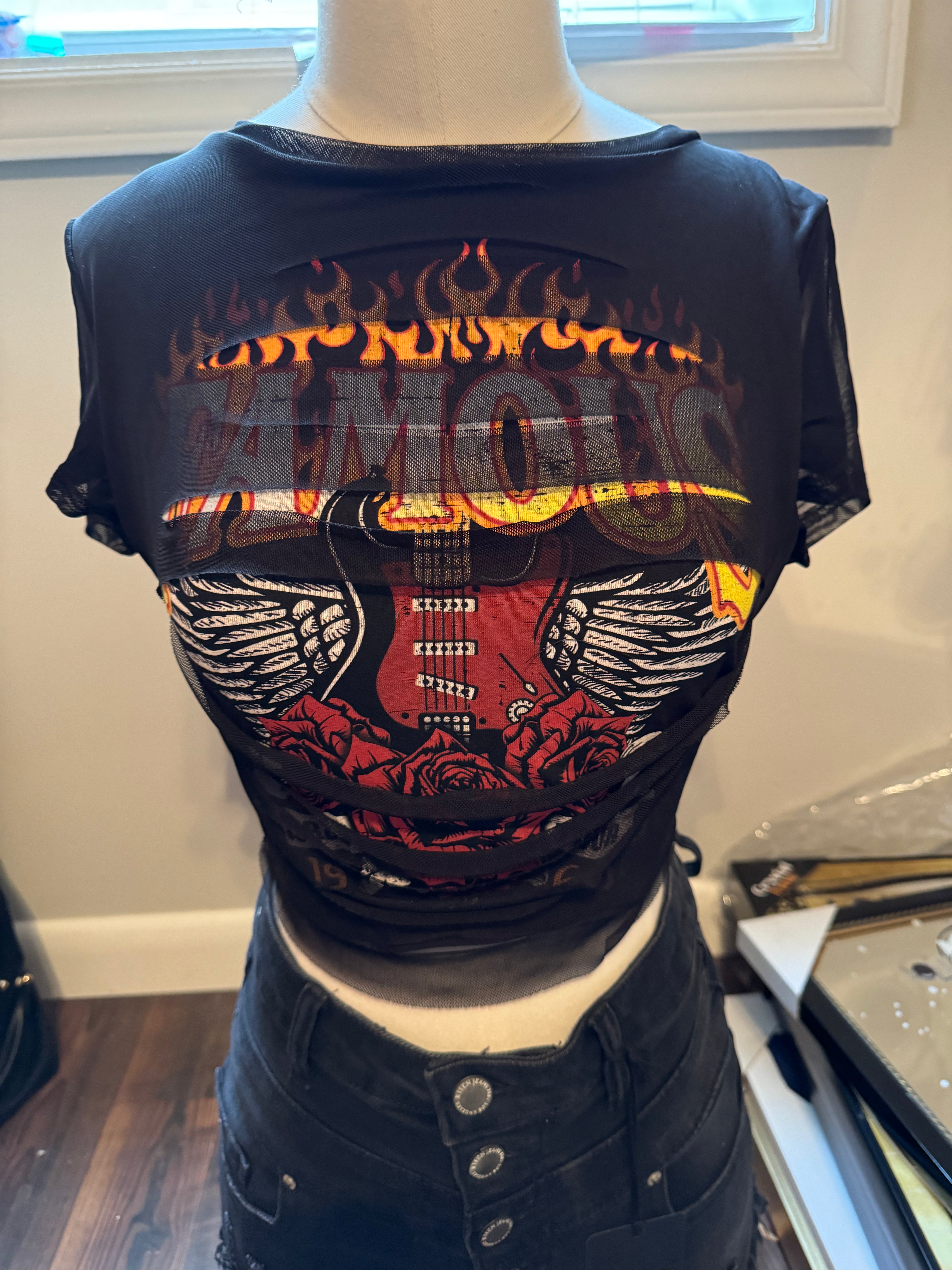 Famous Guitar & Roses Mesh Top